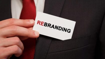 A visual representation of a business rebranding process, featuring new logo designs and color palettes for a fresh identity.