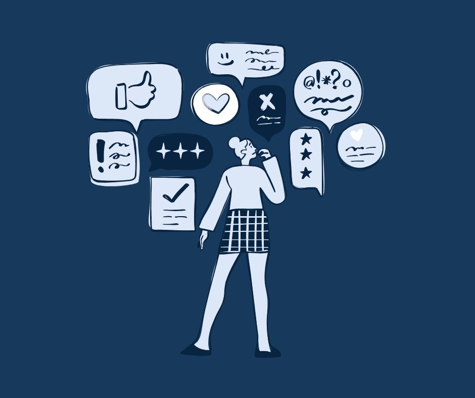Feedback and communication icons digital marketing strategy illustration.