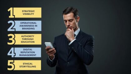 Corporate executive in navy suit reading message on phone, candid portrait