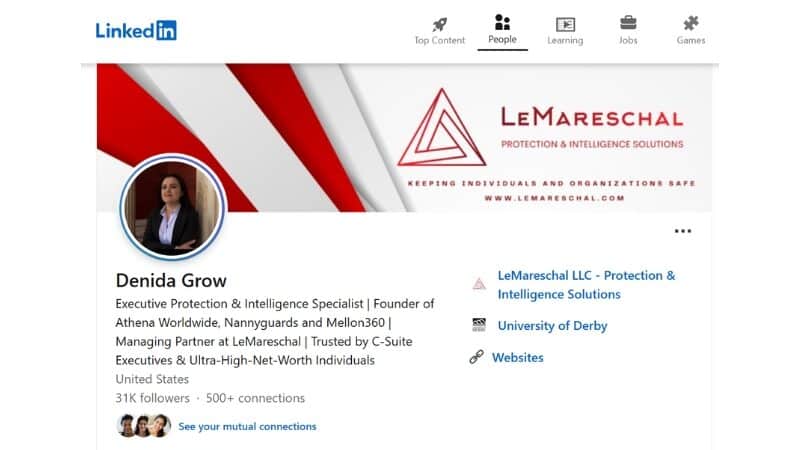 LinkedIn profile of a security professional and intelligence specialist showcasing executive protection expertise.